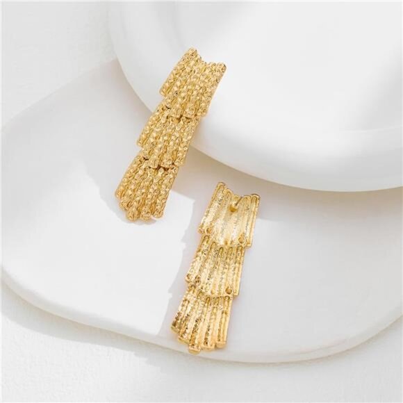 Chunky 14K Gold Plated Hammered Earrings โ Lightweight Brass Dangle Drop Earring - Picture 3 of 5